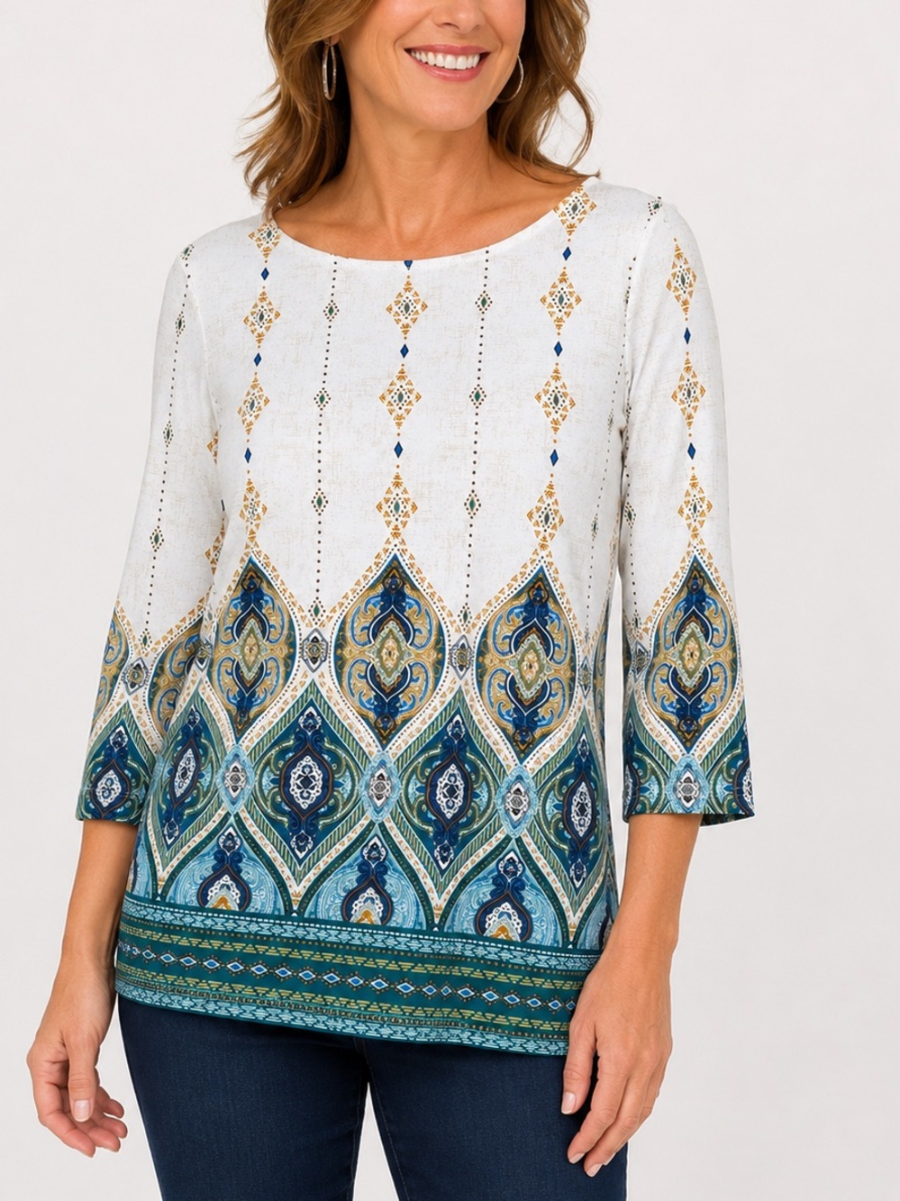 Chico’s Size 1 Medallion‎ Paisley Print Top Women’s M Blue Ivory 3/4 Sleeve Boho
